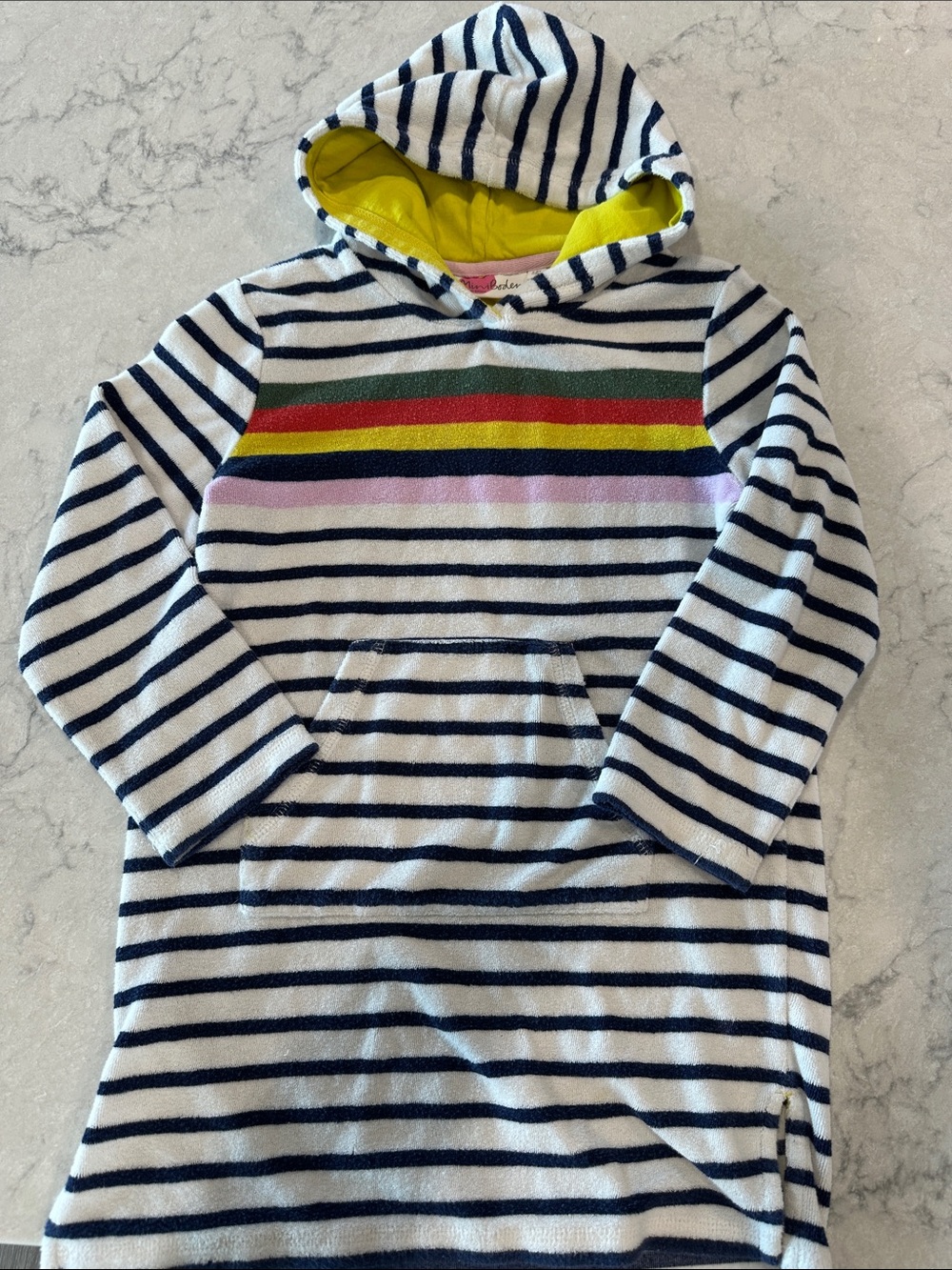 Mini Boden Navy & White Stripe Hooded Terry Tunic with Rainbow Accent